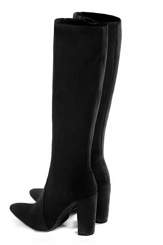Matt black women's feminine knee-high boots. Tapered toe. Very high block heels. Made to measure. Rear view - Florence KOOIJMAN